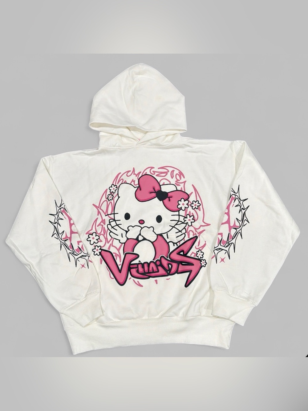 White Hello Kitty graphic hoodie with pink and thorny design